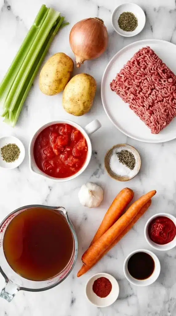 Hamburger Soup Recipe: Easy, Rich & Comforting One-Pot Meal 6 Hamburger Soup ingredients with ground beef, potatoes, carrots, celery, tomatoes, broth, and seasonings