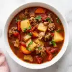 Hamburger Soup Recipe: Easy, Rich & Comforting One-Pot Meal 9 Hearty Hamburger Soup with ground beef, potatoes, carrots, celery, and tomato broth in rustic ceramic bowls
