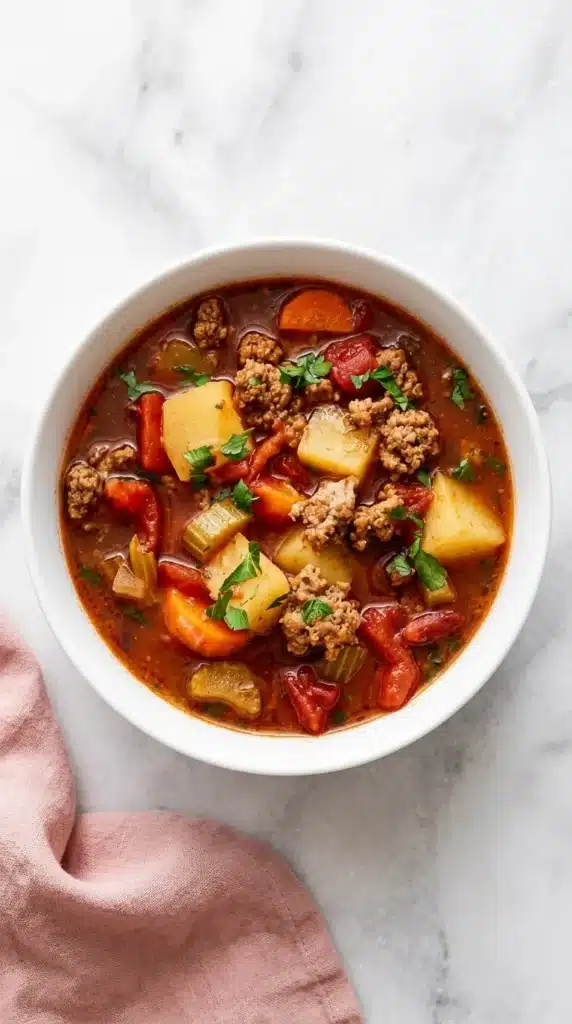 Hearty Hamburger Soup with ground beef, potatoes, carrots, celery, and tomato broth in rustic ceramic bowls