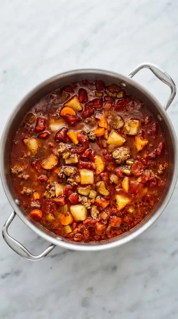 Hamburger Soup Recipe: Easy, Rich & Comforting One-Pot Meal 8 Hamburger Soup simmering with ground beef, potatoes, carrots, celery, and rich tomato broth in a Dutch oven