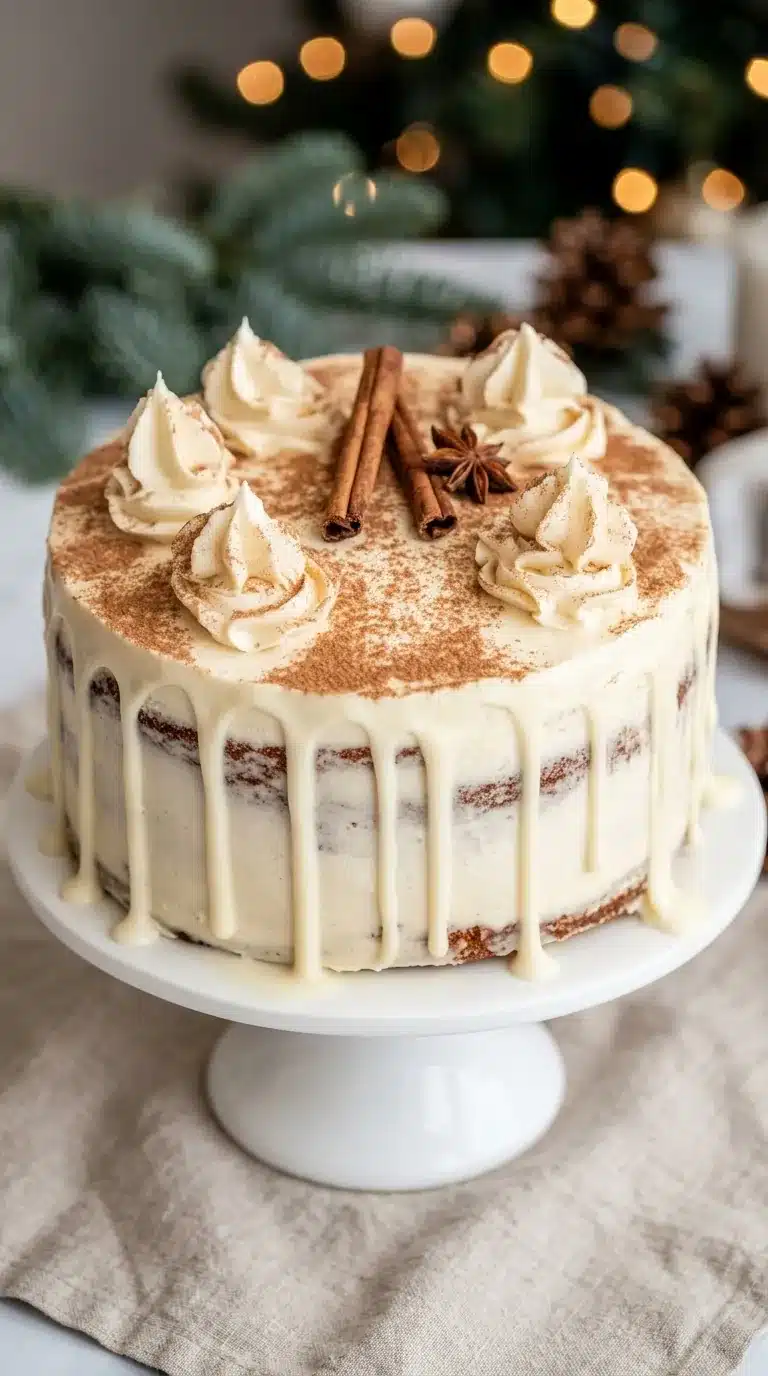 Christmas spice cake with eggnog buttercream, cinnamon dusting, creamy frosting drips, and festive decorations.