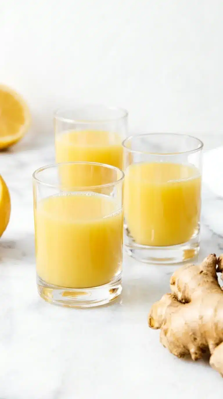 Homemade Ginger Shots in two small glasses with fresh ginger and lemon on a light stone countertop