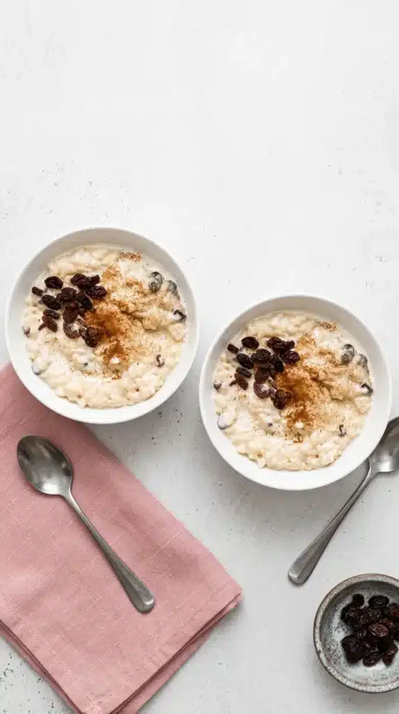 Rice Pudding Recipe : Simple, Happy Comfort in 40 Minutes 3 Creamy Rice Pudding topped with raisins and cinnamon in a rustic bowl