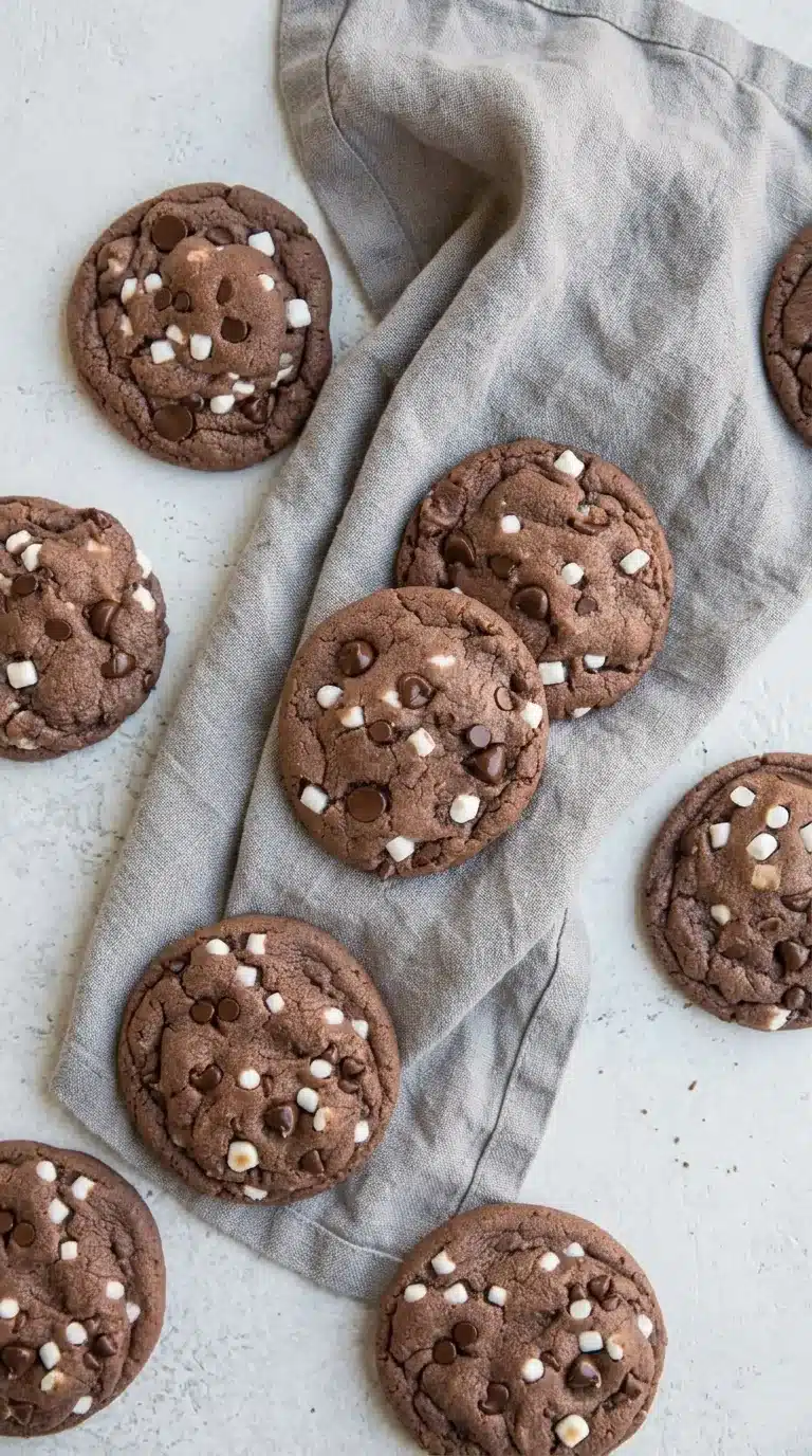 Hot Chocolate Cookies with chocolate chips and marshmallow bits on a textured surface