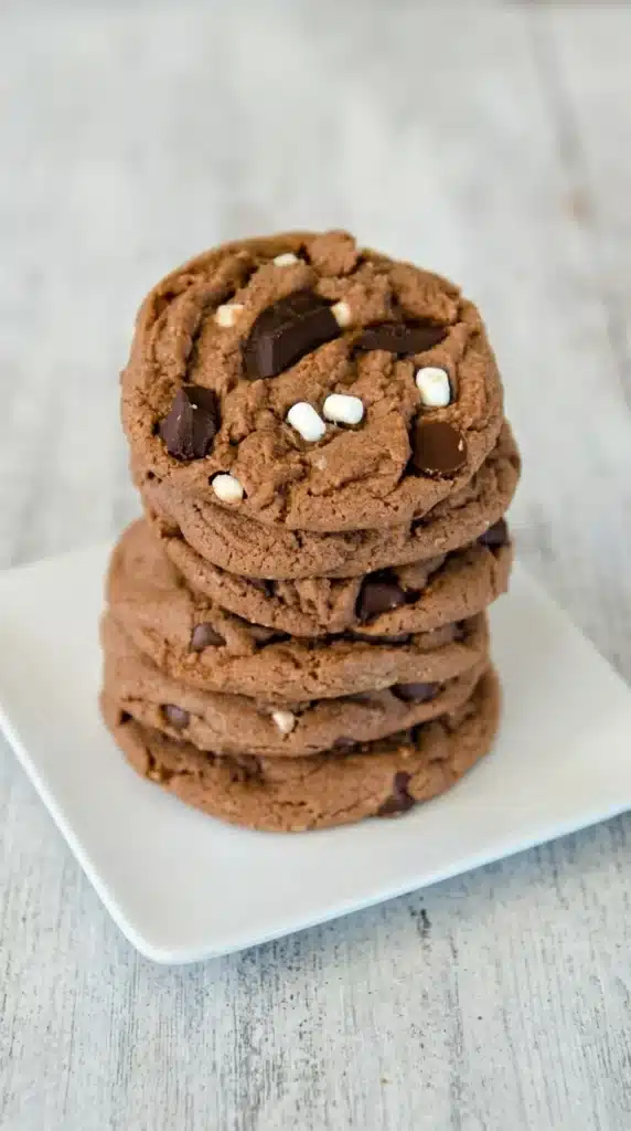 Hot Chocolate Cookies with Chocolate Chips and Marshmallows 6 Stack of Hot Chocolate Cookies with chocolate chunks and marshmallow bits on a ceramic plate