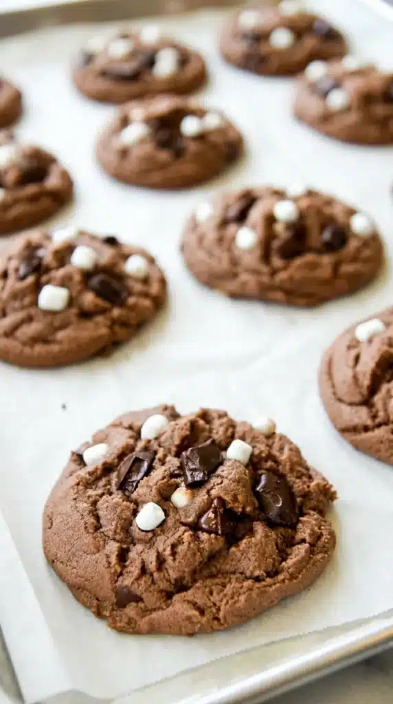 Hot Chocolate Cookies with Chocolate Chips and Marshmallows 5 Hot Chocolate Cookies with soft cracked centers, chocolate chunks, and white marshmallow bits