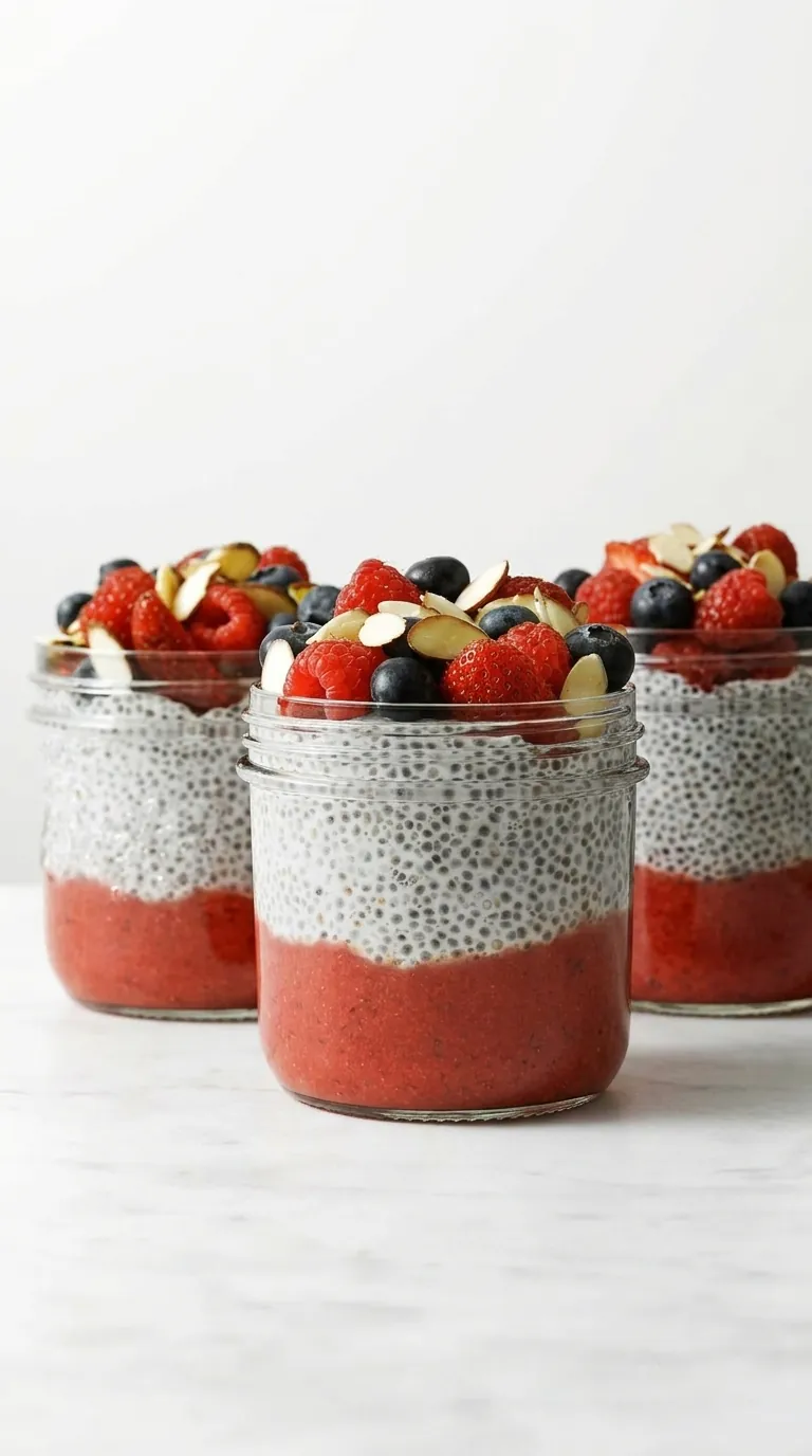 How to Make Chia Pudding with creamy vanilla chia seeds, berry puree, fresh berries, and sliced almonds