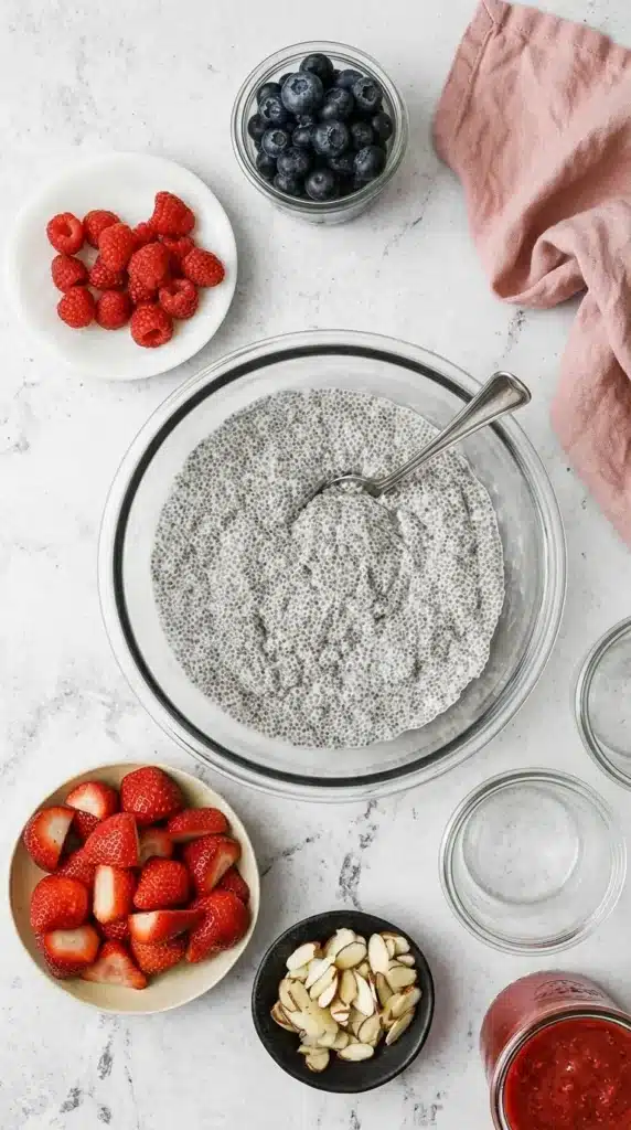 How to Make Chia Pudding with creamy chia seeds, fresh berries, sliced almonds, and a spoon