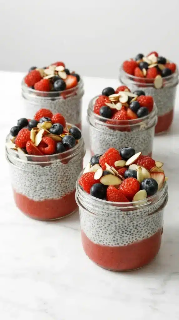 How to Make Chia Pudding in jars with strawberry puree, fresh berries, and sliced almonds