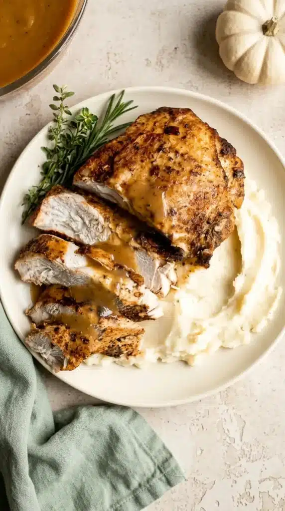 Juicy Instant Pot turkey breast with golden herb crust, creamy mashed potatoes, and homemade gravy.