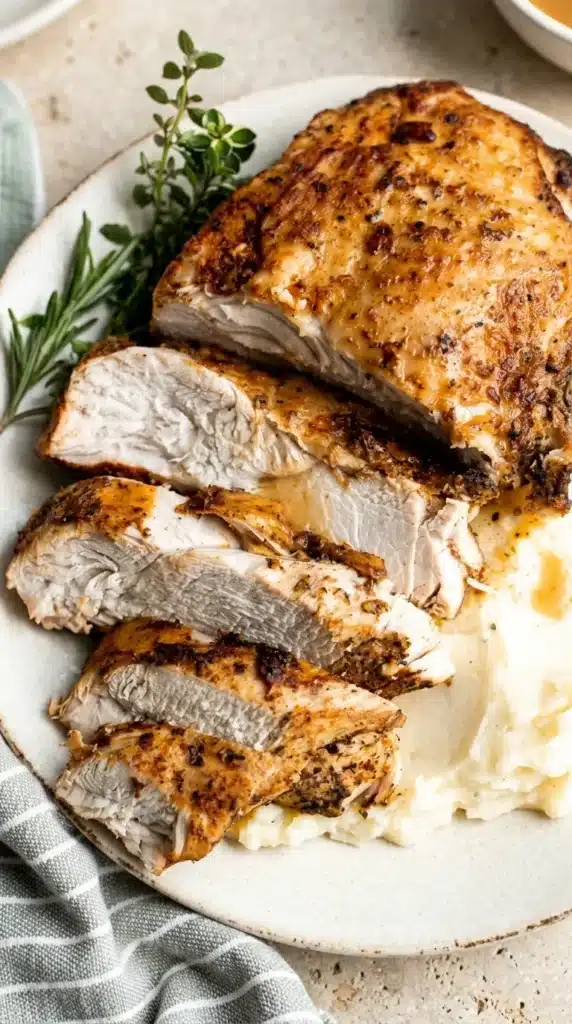 Instant Pot Turkey Breast : Easy, Juicy Holiday Feast 5 Sliced Instant Pot Turkey Breast with golden garlic herb crust, juicy white meat, and creamy mashed potatoes.