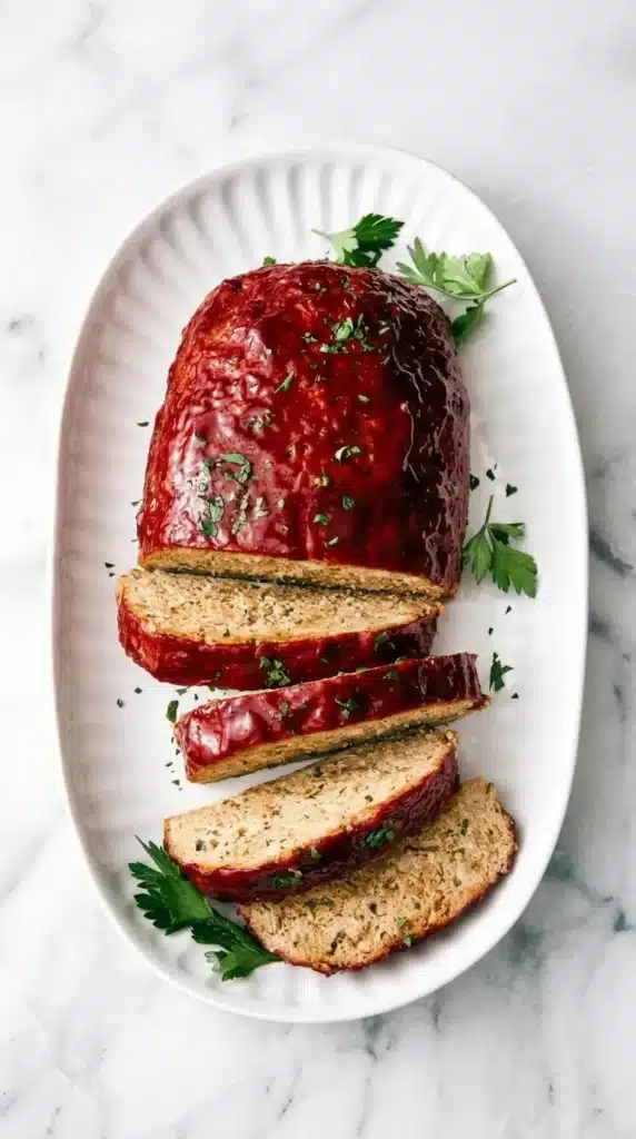Juicy Turkey Meatloaf with glossy sweet and tangy glaze, sliced on a platter with fresh parsley