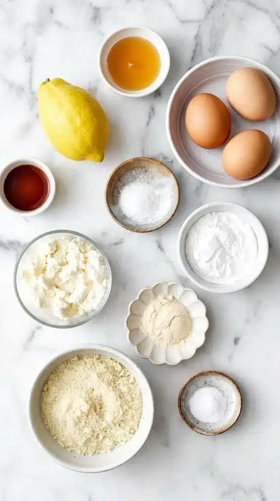 Lemon Ricotta Protein Pancakes ingredients with ricotta, eggs, lemon, almond flour, and honey