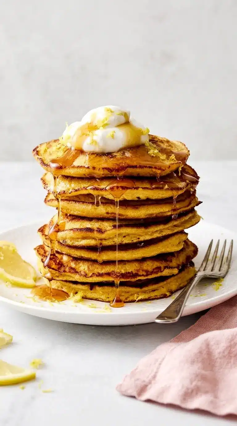 Lemon Ricotta Protein Pancakes with maple syrup, whipped yogurt, and fresh lemon zest