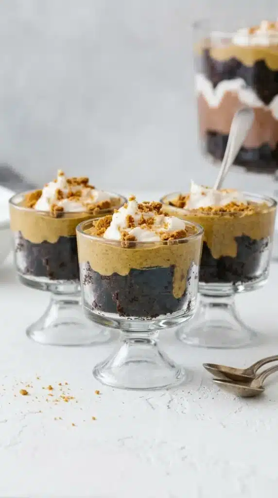 Mini Brownie Trifle cups with chocolate mousse, whipped cream, and fudgy brownie layers