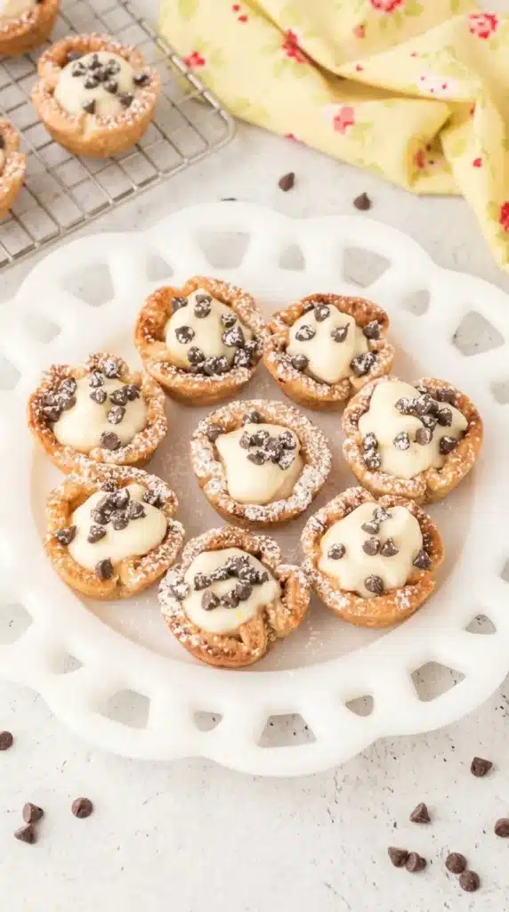 Mini Cannoli Cups with creamy ricotta, chocolate chips, and powdered sugar
