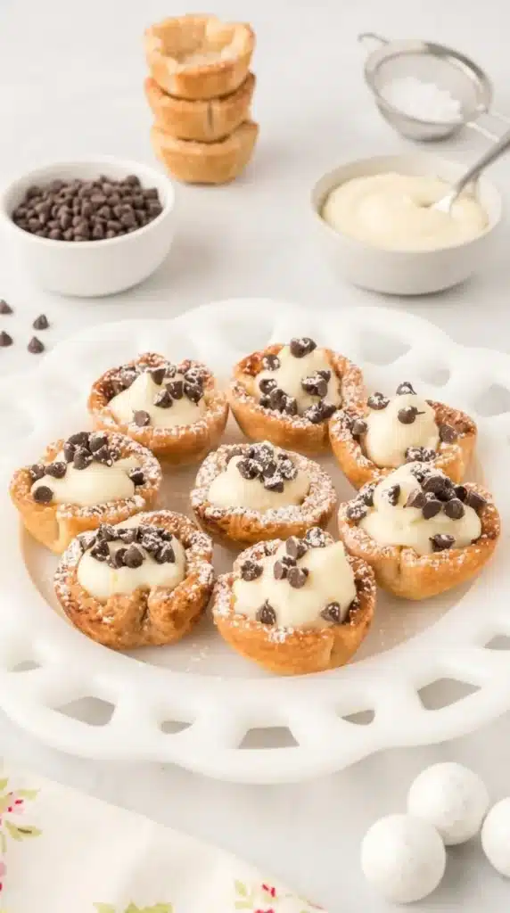 Mini Cannoli Cups with creamy ricotta filling, chocolate chips, and powdered sugar