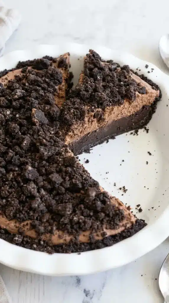 Mississippi Mud Pie with fudgy brownie, chocolate mousse, Oreo crust, and crunchy cookie topping