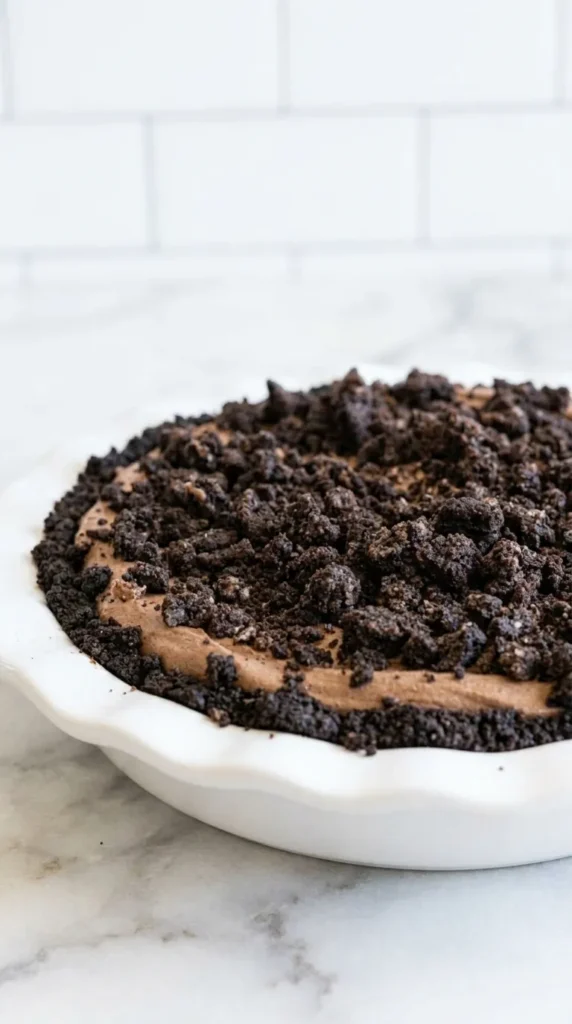 Mississippi Mud Pie slice with Oreo crust, fudgy brownie, chocolate mousse, and cookie topping