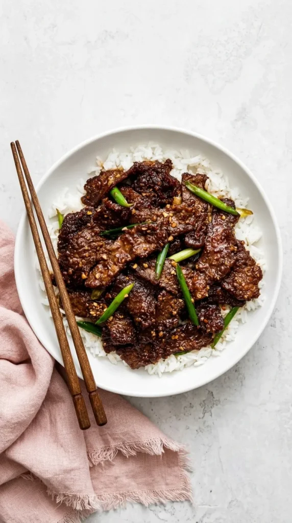 Mongolian Beef with tender glazed steak, fluffy white rice, and fresh green onions in a ceramic bowl