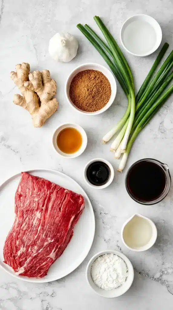 Mongolian Beef ingredients with raw flank steak, soy sauce, ginger, garlic, green onions, and coconut sugar