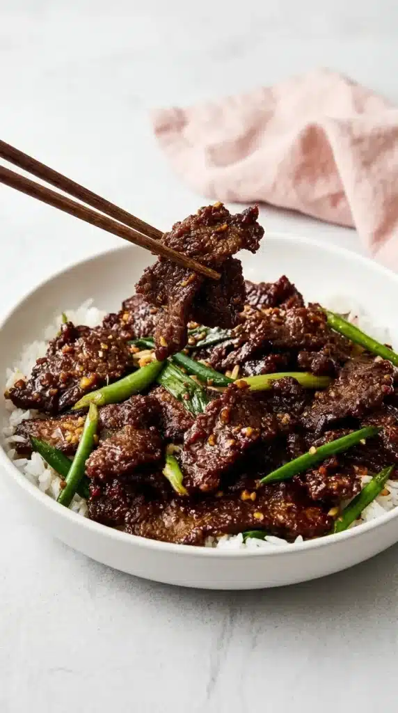 Mongolian Beef with glossy garlic ginger sauce lifted by chopsticks over fluffy white rice