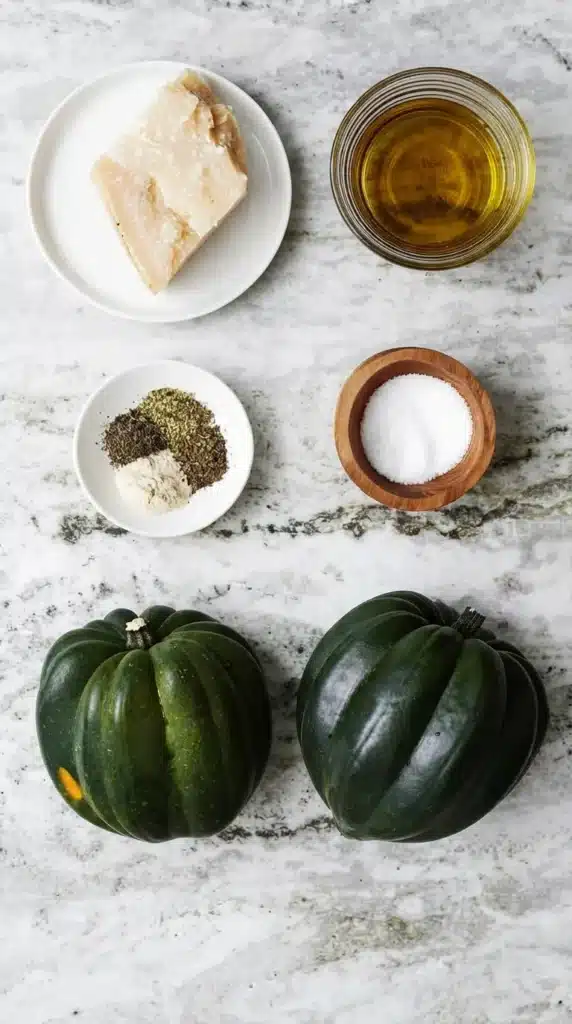 Parmesan Herb Roasted Acorn Squash ingredients with fresh squash, olive oil, Parmesan, garlic, herbs, and salt