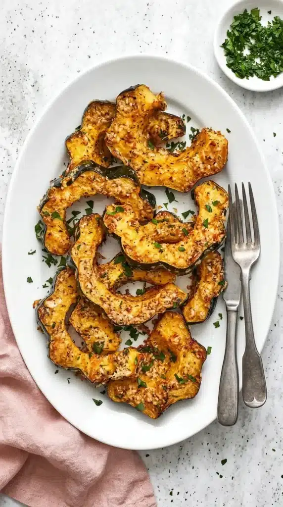 Parmesan Herb Roasted Acorn Squash with crispy golden cheese, garlic, and parsley on an oval platter