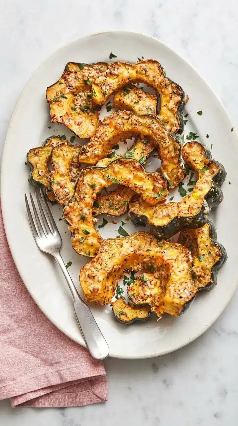 Parmesan Herb Roasted Acorn Squash with golden cheese crust, garlic, and herbs on a ceramic platter