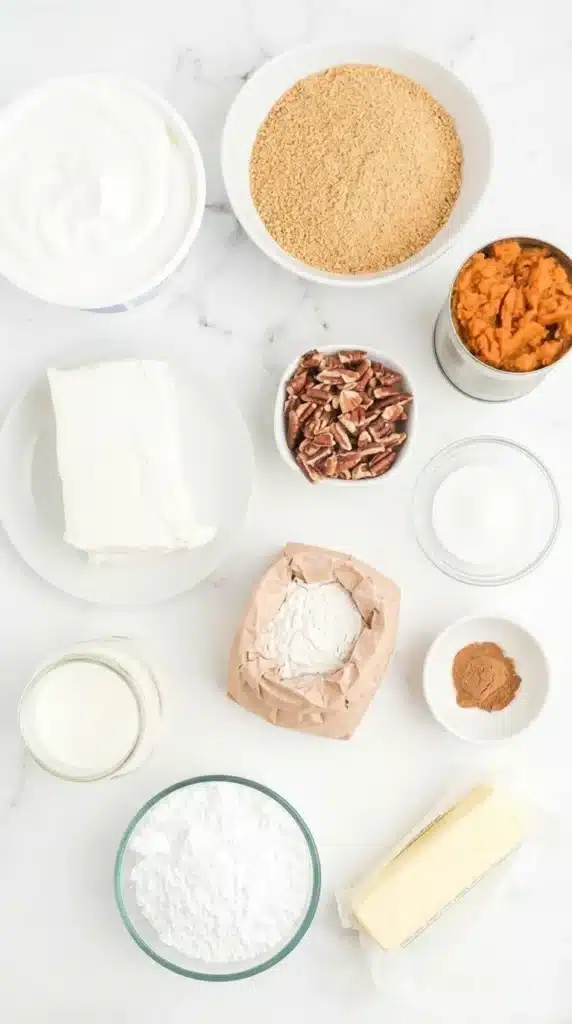 Pumpkin Lush ingredients with pumpkin puree, cream cheese, graham crumbs, whipped topping, and pecans