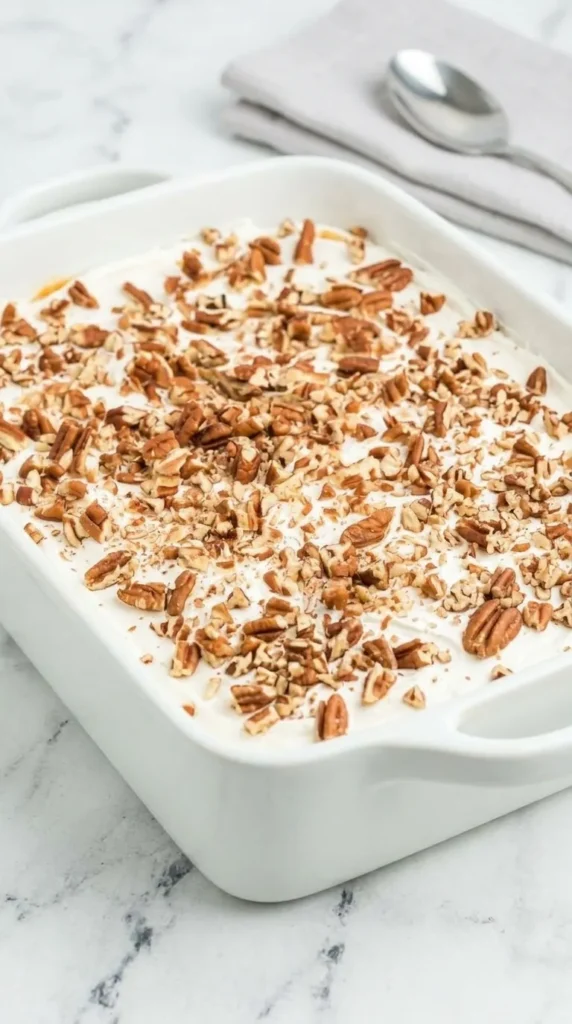 Pumpkin Lush in a baking dish with creamy pumpkin layers, whipped topping, and chopped pecans