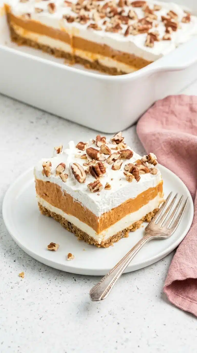 Pumpkin Lush slice with graham cracker crust, pumpkin pudding, whipped topping, and pecans