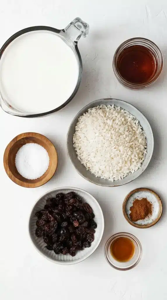 Rice Pudding Recipe : Simple, Happy Comfort in 40 Minutes 2 Rice Pudding ingredients with milk, Arborio rice, raisins, cinnamon, maple syrup, and vanilla