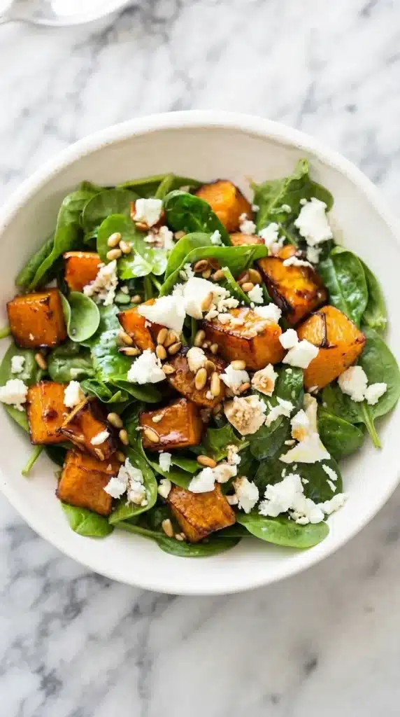 Roast Pumpkin, Spinach and Feta Salad with golden pumpkin, toasted pine nuts and honey balsamic dressing