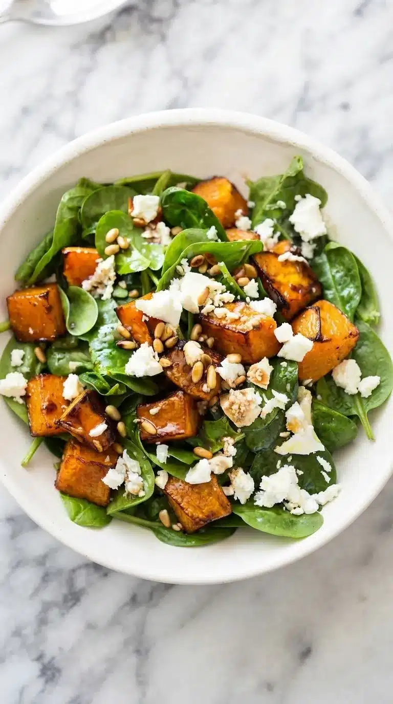 home 6 Roast Pumpkin, Spinach and Feta Salad with golden pumpkin, toasted pine nuts and honey balsamic dressing