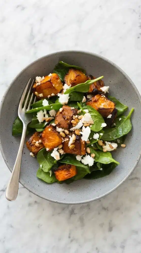 Roast Pumpkin, Spinach and Feta Salad : Easy Fall Feast 4 Roast Pumpkin, Spinach and Feta Salad in a rustic bowl with toasted pine nuts and honey balsamic dressing