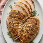 Roast Turkey Breast : Amazing Juicy Holiday Recipe 7 Juicy Roast Turkey Breast with golden garlic herb butter skin, sliced and served on a ceramic platter