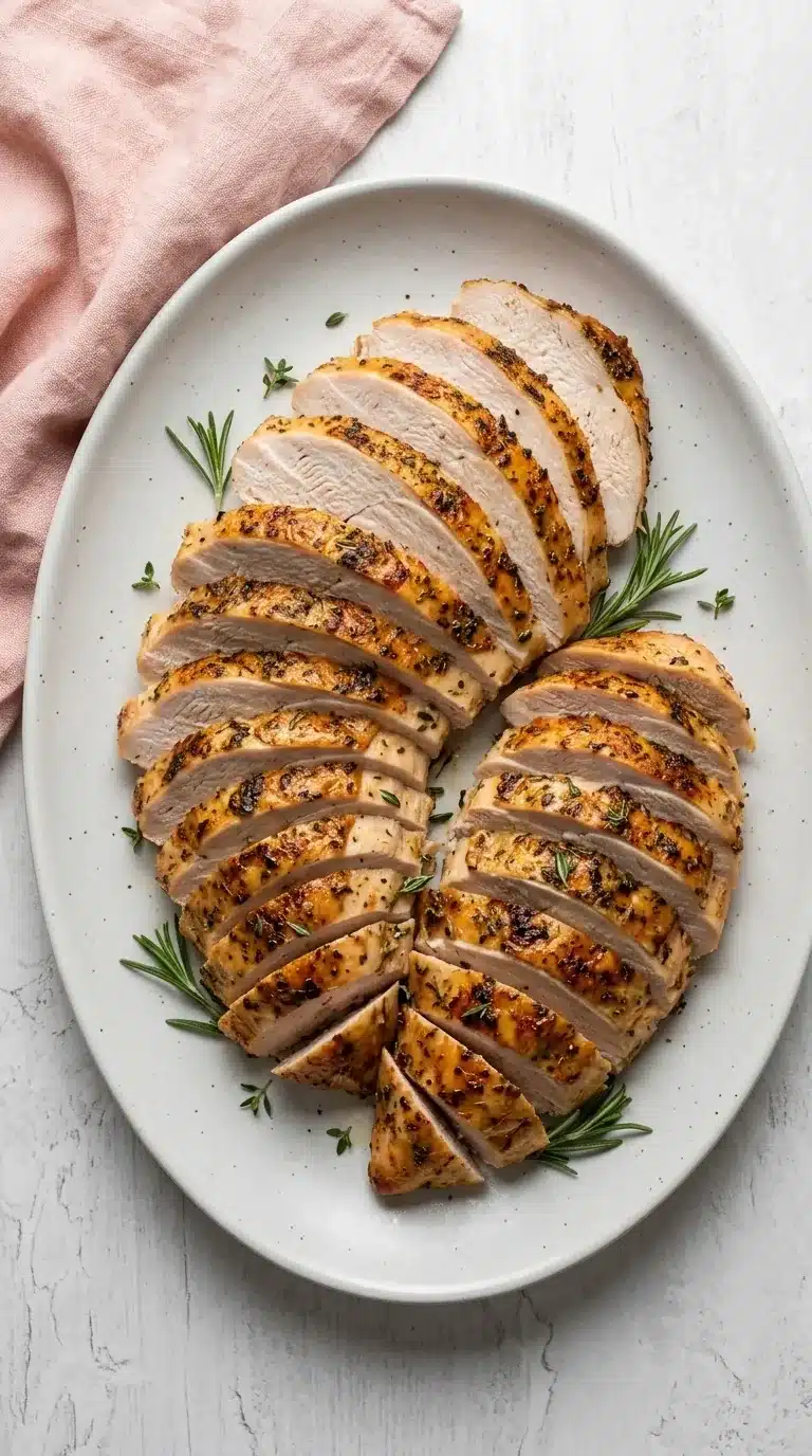 Juicy Roast Turkey Breast with golden garlic herb butter skin, sliced and served on a ceramic platter