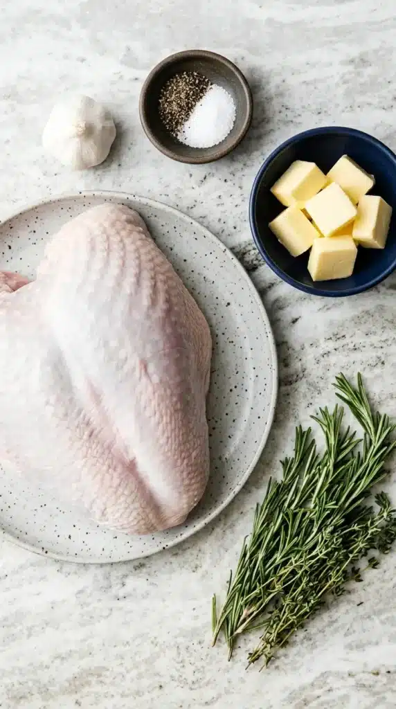 Roast Turkey Breast : Amazing Juicy Holiday Recipe 5 Roast Turkey Breast ingredients with garlic, fresh rosemary, thyme, butter, salt, and pepper