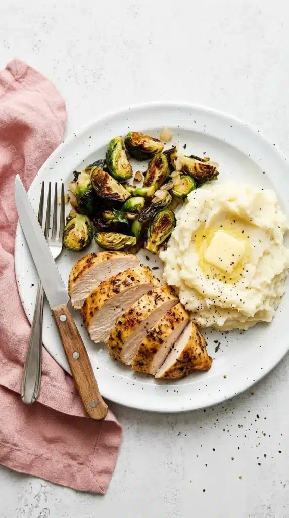Roast Turkey Breast : Amazing Juicy Holiday Recipe 6 Roast Turkey Breast with garlic herbs, creamy mashed potatoes, and roasted Brussels sprouts