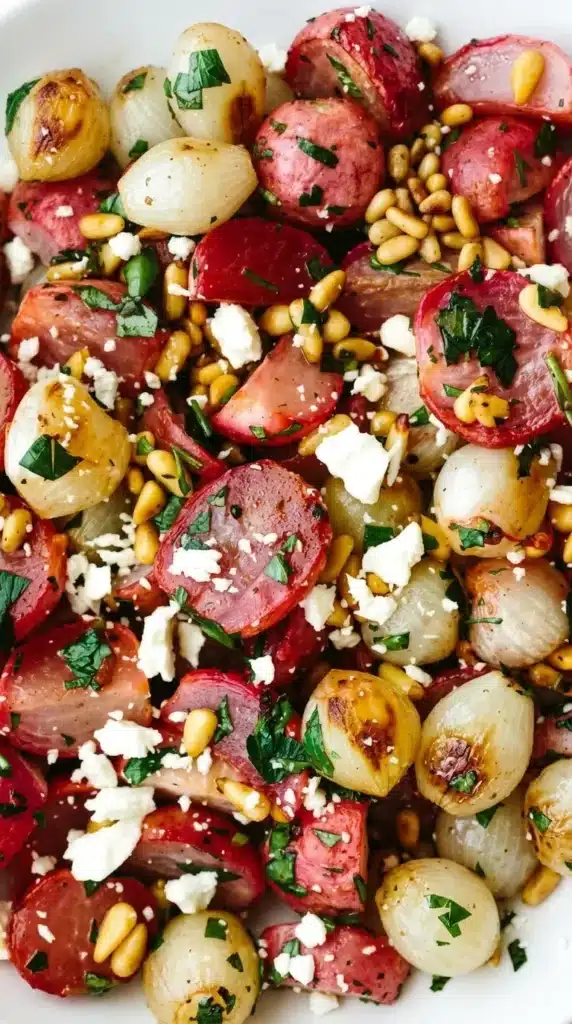 Close-up Roasted Radish Salad with feta, pine nuts, parsley, and roasted pearl onions