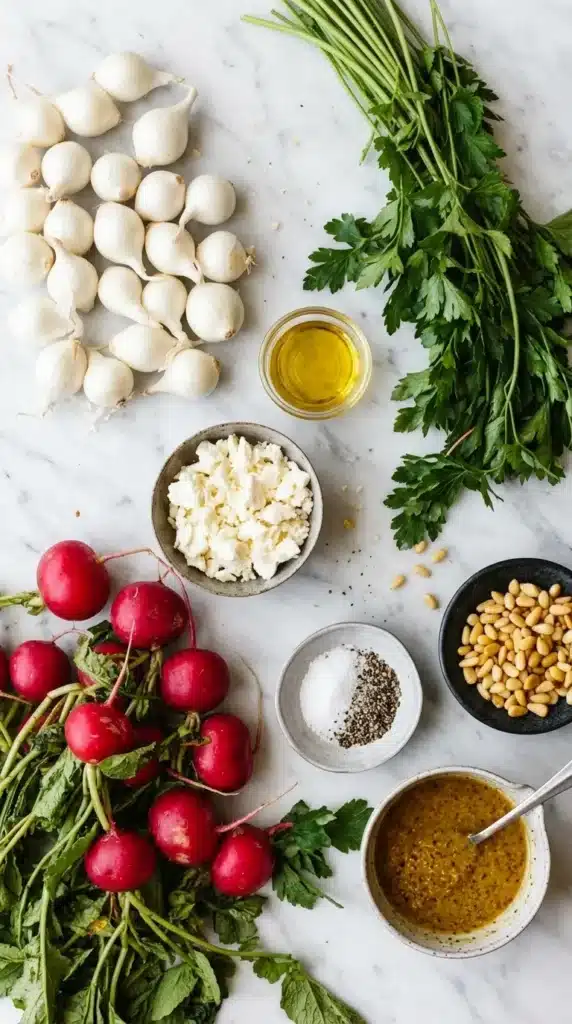 Roasted Radish Salad ingredients with radishes, pearl onions, feta, pine nuts, parsley, and Dijon dressing