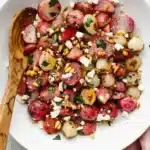 Roasted Radish Salad with feta, pearl onions, pine nuts, parsley, and Dijon vinaigrette