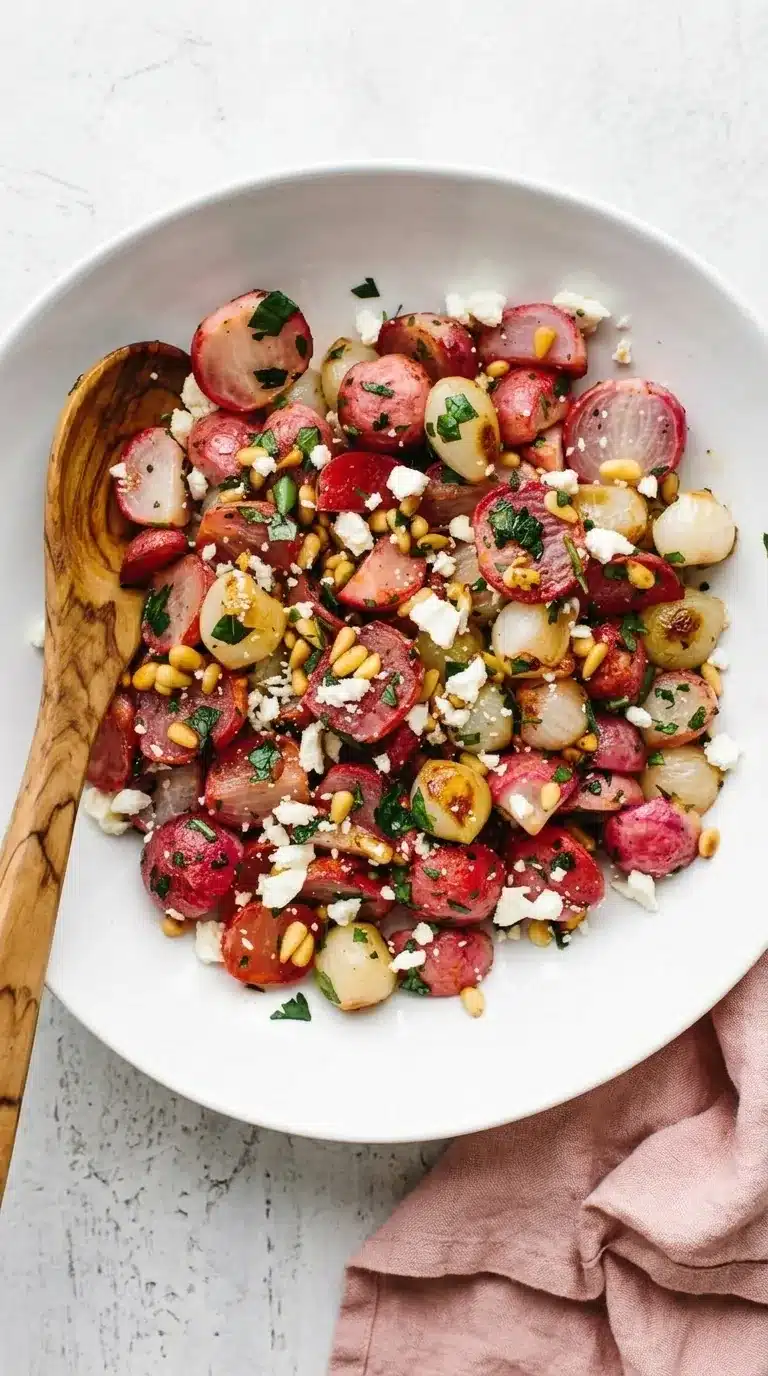Roasted Radish Salad with feta, pearl onions, pine nuts, parsley, and Dijon vinaigrette