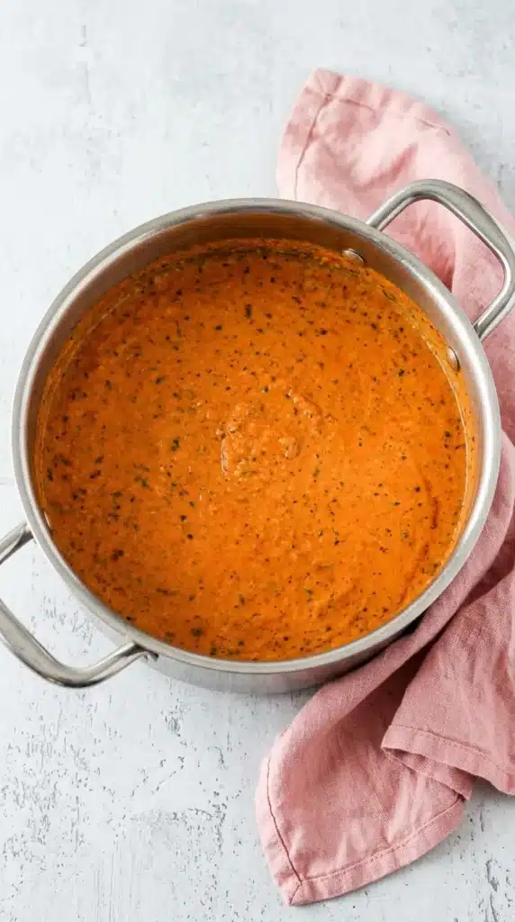 Creamy Roasted Tomato Basil Soup in a Dutch oven with a ladle showing its thick texture and fresh herbs.
