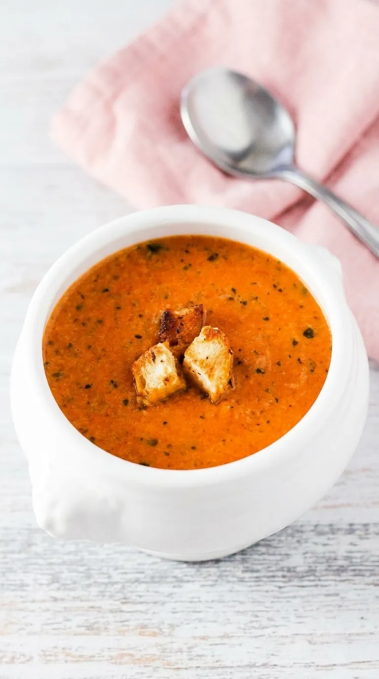 Roasted Tomato Basil Soup with creamy tomatoes, fresh herbs, golden garlic croutons, and toasted grilled cheese.
