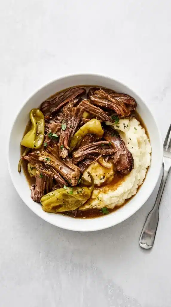 Slow Cooker Mississippi Pot Roast with tender beef, pepperoncini, gravy, and mashed potatoes