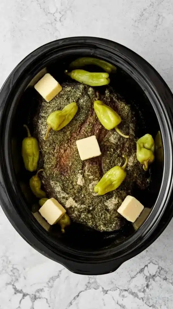 Slow Cooker Mississippi Pot Roast Recipe : Easy & Rich 8 Slow Cooker Mississippi Pot Roast with butter, pepperoncini, and seasonings before cooking