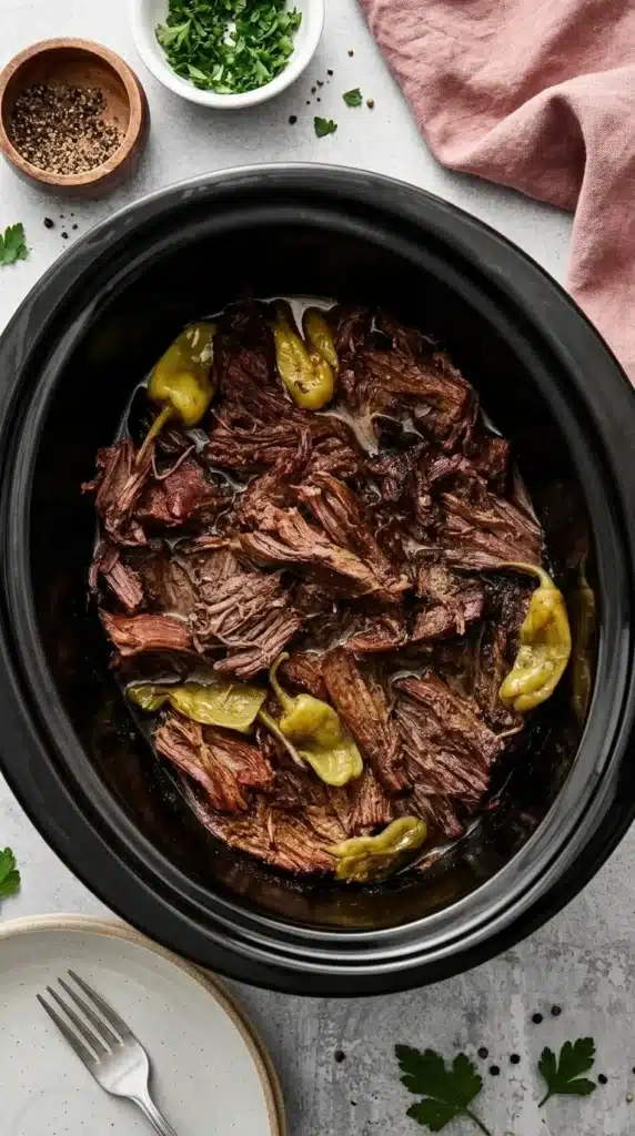 Slow Cooker Mississippi Pot Roast Recipe : Easy & Rich 9 Slow Cooker Mississippi Pot Roast with tender shredded beef, pepperoncini, and rich gravy