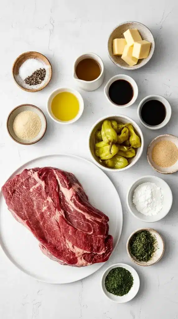 Slow Cooker Mississippi Pot Roast Recipe : Easy & Rich 7 Slow Cooker Mississippi Pot Roast ingredients with chuck roast, pepperoncini, butter, herbs, and seasonings